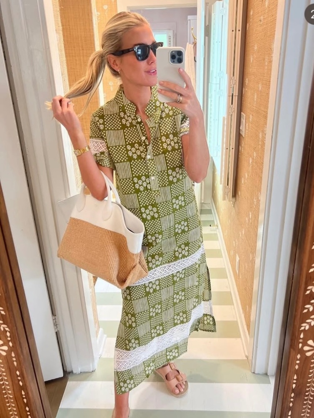 Julia Amory Olive Green White Short Sleeve Majorelle Caftan Dress Small
